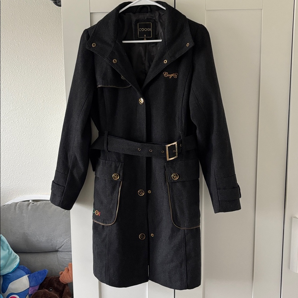 Vintage Coogi Women’s Belted Trench Coat Black Wool Blend Size Small
